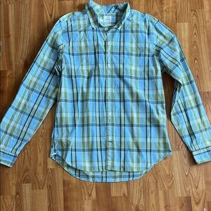 Men's Light Blue & Green Plaid Button-Down Shirt Cotton size Large